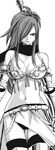  armor breasts cleavage elbow_gloves erza_knightwalker fairy_tail gloves greyscale hair_over_one_eye large_breasts mashima_hiro midriff monochrome scarf solo thighhighs 