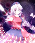  arrow bad_id bad_pixiv_id blue_eyes bow_(weapon) braid breasts danmaku dress grey_hair large_breasts long_hair magic_circle sanotsuki solo touhou weapon yagokoro_eirin 