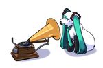  detached_sleeves dog fine_art_parody hatsune_miku his_master's_voice long_hair microphone necktie no_humans parody phonograph simple_background suzuuchi_yayoi vocaloid white_hair 