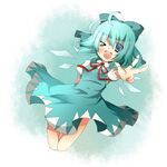  blue blue_dress blue_eyes blue_hair bow bowtie cirno dress dutch_angle fang hair_bow jumping maayan one_eye_closed short_hair smile solo touhou v wings 