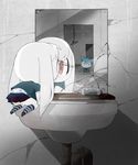  chibi crack creature damaged lamp long_hair mirror mizushirazu original red_eyes sink socks striped striped_legwear white_hair 