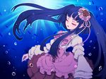  blue_hair bubble closed_eyes dress dutch_angle flower furudo_erika hair_flower hair_ornament image_sample light_rays long_hair niso pixiv_sample solo sunbeam sunlight twintails umineko_no_naku_koro_ni underwater 