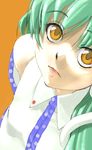  close-up closed_mouth face foreshortening green_hair kochiya_sanae lips looking_up orange_background shiba_itsuki simple_background solo touhou yellow_eyes 