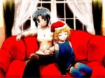  ahoge artist_request blonde_hair blue_eyes blue_hair christmas ciel closed_eyes couch detached_sleeves earrings hooves horse_tail jewelry long_sleeves multiple_girls nanako_(melty_blood) pointy_ears short_hair sitting tail thighhighs tsukihime 