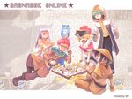  3girls bandages bangs belt bf._(sogogiching) bird blonde_hair blunt_bangs boots bracelet breasts cape choker cleavage everyone glasses green_eyes green_hair hat headphones hood jewelry long_hair long_sleeves medium_breasts multiple_boys multiple_girls open_mouth owl pants pink_hair pirate_hat ponytail purple_hair ragnarok_online short_hair sitting skirt tattoo 