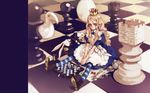  alice_(wonderland) alice_in_wonderland blonde_hair blue_eyes board_game boots card chess crown dice dress egg fork hat highres hourglass knife long_hair lying_card ooyari_ashito pocket_watch spoon striped thighhighs wallpaper watch white_rabbit 