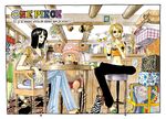  2girls bare_shoulders black_hair border chair crossed_legs denim french full_body hat highres indoors jeans looking_at_viewer midriff multiple_girls nami_(one_piece) navel nico_robin oda_eiichirou one_piece orange_hair pants pink_hat sandals shirt short_hair sleeveless smile spread_legs stomach sunglasses table tank_top tony_tony_chopper 