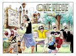  arm_tattoo bare_shoulders bench bird black_hair blonde_hair border clock copyright_name day full_body green_hair hat highres male_focus monkey_d_luffy multiple_boys oda_eiichirou one_piece outdoors park park_bench penguin plant roronoa_zoro sanji shaded_face sign sitting sleeping sleeveless spiked_hair standing tank_top tattoo tony_tony_chopper tree usopp 