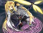  bardiche belt blonde_hair cape coat fate_testarossa gauntlets gloves hair_ribbon kichiroku long_hair lyrical_nanoha magic_circle magical_girl mahou_shoujo_lyrical_nanoha_strikers red_eyes ribbon scythe single_gauntlet single_glove solo thighhighs twintails very_long_hair 