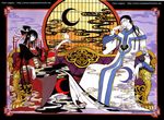  1girl bangs black_hair blunt_bangs clamp clow_reed couch crescent_moon frame hair_ornament hime_cut ichihara_yuuko long_hair long_sleeves marker_(medium) mokona moon official_art pale_skin sitting smoke traditional_media watermark web_address wide_sleeves xxxholic 