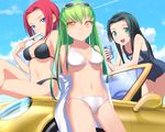  bangs bikini black_hair blue_eyes c.c. car code_geass day food green_eyes green_hair ground_vehicle kallen_stadtfeld left-hand_drive long_hair motor_vehicle multiple_girls name_tag one-piece_swimsuit popsicle red_hair school_swimsuit short_hair side-tie_bikini sumeragi_kaguya swimsuit uni yellow_eyes 