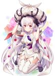  1girl breasts cosplay dragon_girl dragon_horns dress fate/grand_order fate_(series) frilled_hat frills gloves grey_hair hat highres horns kiyohime_(fate) large_breasts large_hat long_hair marie_antoinette_(fate) marie_antoinette_(fate)_(cosplay) multiple_horns red_eyes short_dress sleeveless sleeveless_dress solo suzumia_(daydream) taneda_risa thighhighs very_long_hair voice_actor_connection white_dress white_gloves white_headwear white_legwear 