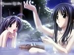  ahoge bathing black_hair blue_eyes breasts bucket collarbone covering hair_censor jug memories_off minami_tsubame multiple_girls night night_sky nude nude_cover onsen outdoors parted_lips plant purple_hair sasaki_mutsumi shirakawa_hotaru sky small_breasts towel tree upper_body water wooden_bucket 