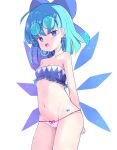  1girl :o absurdres alternate_costume arms_behind_back bandeau bangs bare_shoulders bikini blue_bow blue_eyes blue_hair bow breasts cirno cleavage collarbone commentary_request cowboy_shot earrings eyebrows_visible_through_hair eyelashes eyewear_on_head frilled_swimsuit frills groin hair_bow highres ice ice_wings jewelry navel open_mouth shiny shiny_hair shiny_skin sidelocks simple_background small_breasts solo sparkle sseopik standing stomach strapless strapless_bikini string_bikini swimsuit tattoo teeth thighs touhou tube_top upper_teeth wings 