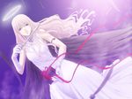  armlet black_wings blonde_hair dagger dress earrings elbow_gloves feathers gift gloves halo iga_tomoteru jewelry light long_hair original purple_eyes ribbon solo weapon wings 