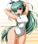 alice_carroll aria armpits arms_behind_head arms_up ashita_yaru blue_eyes green_hair hair_ribbon long_hair mouth_hold one-piece_swimsuit ribbon solo swimsuit wide_hips 
