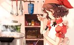  apron bandana blush brown_eyes brown_hair cooking flat_chest food highres kitchen ladle lina_junhers ooyari_ashito quartett! short_hair solo wallpaper whisk widescreen 