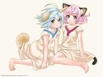  animal_ears armpit_peek barefoot blue_hair cat_ears cat_tail dog_ears dog_tail dress feet full_body green_eyes light_blue_hair looking_at_viewer matching_outfit mattaku_mousuke multiple_girls original pink_hair short_hair short_sleeves simple_background smile tail white_dress 