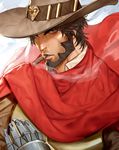  bad_id bad_tumblr_id beard brown_eyes brown_hair cigar cowboy_hat facial_hair hat highres looking_at_viewer male_focus mccree_(overwatch) mechanical_arm overwatch shaded_face smoking solo stubble won_jade 