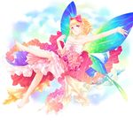  absurdres bad_id bad_pixiv_id bare_shoulders barefoot blonde_hair bow butterfly_wings collarbone dress hair_bow hair_ribbon highres legs multicolored multicolored_wings original ribbon sapphirez39 short_hair smile solo strapless strapless_dress wings 