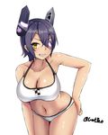  bare_arms bikini breasts clenched_teeth collarbone eyepatch grin hair_between_eyes halterneck hand_on_hip hayabusa headgear kantai_collection large_breasts leaning_forward looking_at_viewer navel parted_lips purple_hair smile solo stomach swimsuit teeth tenryuu_(kantai_collection) thighs white_bikini yellow_eyes 