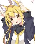  amano_kouki animal_ears armband black_serafuku blonde_hair blue_jacket blush bunny_pose crescent crescent_moon_pin eyebrows_visible_through_hair face fox_ears hair_between_eyes highres jacket kantai_collection long_hair long_sleeves looking_at_viewer low_twintails neckerchief necktie open_mouth remodel_(kantai_collection) satsuki_(kantai_collection) school_uniform serafuku simple_background smile solo twintails upper_body white_background yellow_eyes yellow_neckwear 