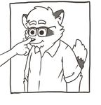  andy_(heyitscousindave) anthro clothed clothing eyewear fingers glasses heyitscousindave male mammal poking raccoon simple_background slightly_chubby solo standing tagme 