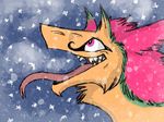  2016 ambiguous_gender blue_background brown_fur facial_markings forked_tongue fur green_fur hair headshot_portrait maddoxcz markings open_mouth pink_eyes pink_fur pink_hair portrait sergal sharp_teeth side_view simple_background smile snow teeth tongue tongue_out turkinwif 