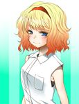  alice_margatroid blonde_hair blue_eyes blush hairband hane_(hanegoya) short_hair sleeveless smile solo striped striped_background touhou upper_body 