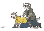  andy_(heyitscousindave) anthro canine clothed clothing cousin_dave duo eyewear glasses hat heyitscousindave hoodie male mammal raccoon simple_background tagme wolf 