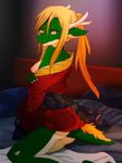  2012 anthro bed blonde_hair clothed clothing detailed_background female hair inside japanese_clothing kimono looking_at_viewer obi on_bed partially_clothed pinup pose scalie setonanaki13 solo yukata 