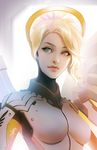  blonde_hair blue_eyes bodysuit high_ponytail lips lisa_buijteweg mechanical_halo mechanical_wings mercy_(overwatch) overwatch ponytail short_hair solo wings 