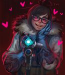  aiming_at_viewer beads brown_hair coat evil_smile fur_coat fur_trim glasses gloves glowing glowing_eyes gun hair_bun hair_ornament hair_stick hand_on_own_face head_tilt heart holding holding_weapon jang_ju_hyeon looking_at_viewer mei_(overwatch) open_mouth overwatch pink_eyes smile solo weapon winter_clothes winter_coat yandere 