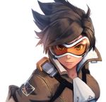  brown_eyes brown_hair goggles jacket looking_at_viewer overwatch shizuma_yoshinori short_hair simple_background smile solo spiked_hair tracer_(overwatch) union_jack white_background 