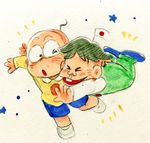  ankie bald black_hair blush buck_teeth chibita child closed_eyes flag glomp hatabou head_flag highres hug marker_(medium) mini_flag multiple_boys osomatsu-kun overalls shorts smile star traditional_media 