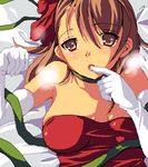  :o bare_shoulders bed_sheet breasts breasts_apart breath brown_eyes brown_hair dress elbow_gloves finger_to_mouth gloves green_neckwear green_ribbon hair_ornament hair_ribbon lowres oekaki open_mouth red_ribbon ribbon short_hair solo strapless upper_body white_gloves wild_arms wild_arms_4 yulie_ahtreide 