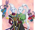  3boys arms_behind_back beerus blue_skin brother_and_sister brothers champa_(dragon_ball) dragon_ball dragon_ball_super esu_(makok715) high_ponytail jewelry lavender_hair lipstick long_hair makeup multiple_boys planet purple_lipstick siblings single_earring smile vados_(dragon_ball) very_long_hair whis white_hair 