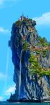  absurdres aki_(aki_k6) blue_sky castle cliff commentary_request day highres no_humans original outdoors scenery signature sky town water waterfall 