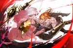  armor armored_boots boots cape fate/apocrypha fate/grand_order fate_(series) fujimaru_ritsuka_(female) fur_cape gauntlets karna_(fate) long_sleeves nexie one_eye_closed open_mouth orange_hair polearm red_eyes short_hair side_ponytail skirt weapon white_hair 