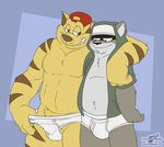  arm_around_shoulders bedroom_eyes briefs bulge canine cat chance_furlong clothed clothing cousin_dave duo feline flat_colors grin half-closed_eyes hoodie looking_down male male/male mammal musclegut naughty_face seductive signature swat_kats topless underwear underwear_pull whiskers wolf wolfblade 