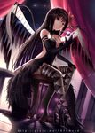  akemi_homura akuma_homura argyle argyle_legwear bangs bare_shoulders black_dress black_gloves black_hair black_wings bow bu_li choker dark_orb_(madoka_magica) dress elbow_gloves feathered_wings gloves hair_bow high_heels long_hair looking_at_viewer mahou_shoujo_madoka_magica mahou_shoujo_madoka_magica_movie purple_eyes red_bow sitting solo soul_gem thighhighs wings 