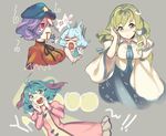  animal_ears bad_id bad_pixiv_id beret blood blood_from_mouth blue_hair cheong_ha detached_sleeves dog_ears floppy_ears green_eyes green_hair hair_ornament hat kasodani_kyouko kochiya_sanae miyako_yoshika multiple_girls ofuda purple_hair red_eyes snake_hair_ornament surprised tatara_kogasa touhou 