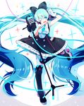  absurdly_long_hair aqua_eyes aqua_hair arm_up boots dress full_body gloves hatsune_miku high_heels highres long_hair magical_mirai_(vocaloid) microphone microphone_stand necktie one_eye_closed open_mouth pantyhose platform_footwear platform_heels ponita solo standing standing_on_one_leg thigh_boots thighhighs twintails v very_long_hair vocaloid white_background white_gloves 