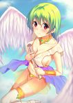  angel_wings blush breasts cleavage green_hair medium_breasts mikazuchi_zeus original red_eyes scroll see-through short_hair smile solo thighhighs wings 