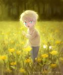  :o aldnoah.zero aqua_eyes blonde_hair blush bug butterfly commentary_request field flower flower_field insect kanmuri_(hanyifan30338) male_focus slaine_troyard solo sweater 