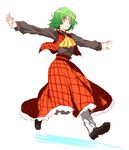  ascot black_shirt checkered checkered_skirt checkered_vest full_body green_hair hane_(hanegoya) kazami_yuuka outstretched_arms red_eyes shirt skirt solo touhou vest 