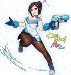  adapted_costume alternate_costume artist_name bad_id bad_twitter_id beads blue_footwear blue_gloves boots breasts brown_hair character_name cleavage cleavage_cutout covered_navel dress full_body gearous glasses gloves gun hair_bun hair_ornament hair_stick holding holding_weapon large_breasts leg_up mei_(overwatch) open_mouth overwatch pantyhose red-framed_eyewear short_hair smile solo standing transparent_background weapon 