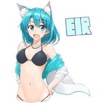  animal_ears aqua_eyes aqua_hair bikini black_bikini blush borrowed_character breasts cleavage collarbone commentary_request eir_(machi) extra_ears hair_ornament hairclip hands_on_hips jacket jewelry looking_at_viewer medium_breasts navel necklace open_clothes open_jacket open_mouth original short_hair shunichi smile solo swimsuit white_background 
