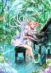  bare_shoulders barefoot blue_hair dew_drop dress flower green_eyes hair_ornament highres hydrangea instrument keepout legs long_hair multiple_girls nature open_mouth orange_hair original piano pleated_skirt purple_eyes skirt smile water water_drop 