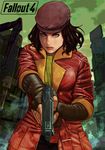  black_hair coat cowboy_shot fallout fallout_4 fingerless_gloves gloves green_eyes gun hat lips piper_wright red_coat ruins solo trench_coat weapon yorimitsu 